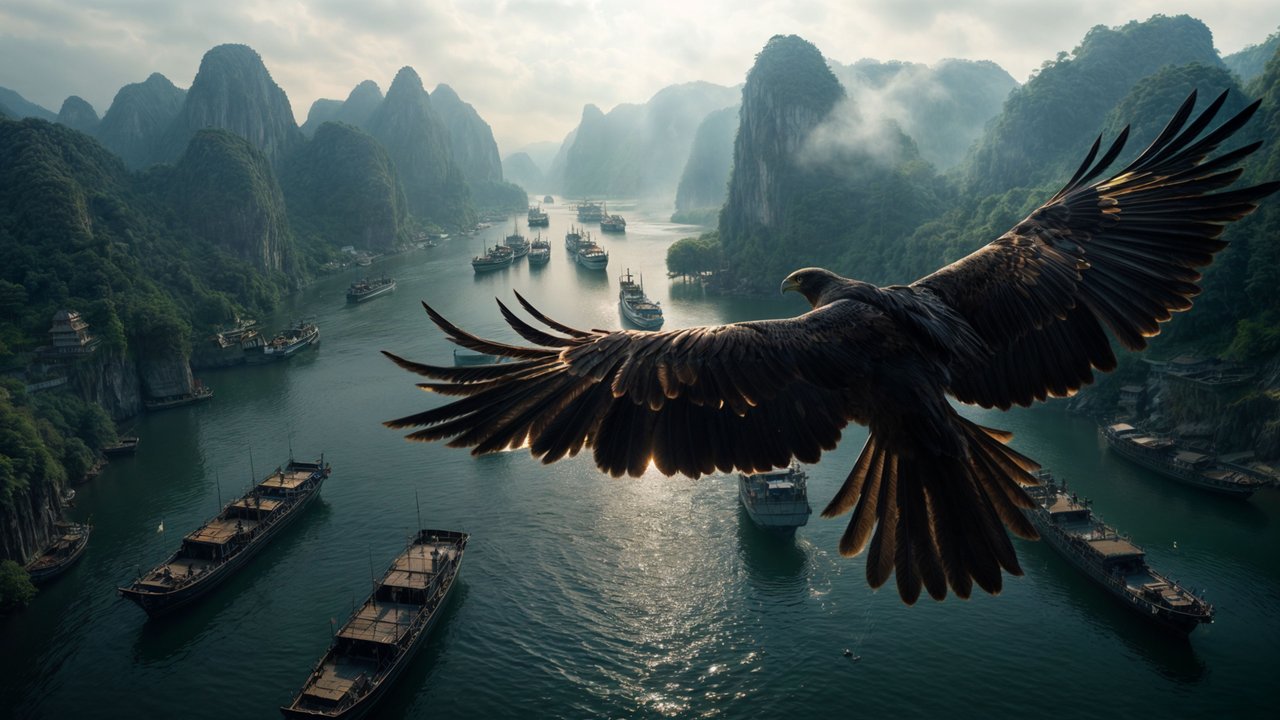 Eagle Soaring Above Ancient Waters 4K Wallpaper