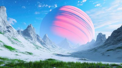 Snowy Alien Landscape Ringed Planet 4K Wallpaper