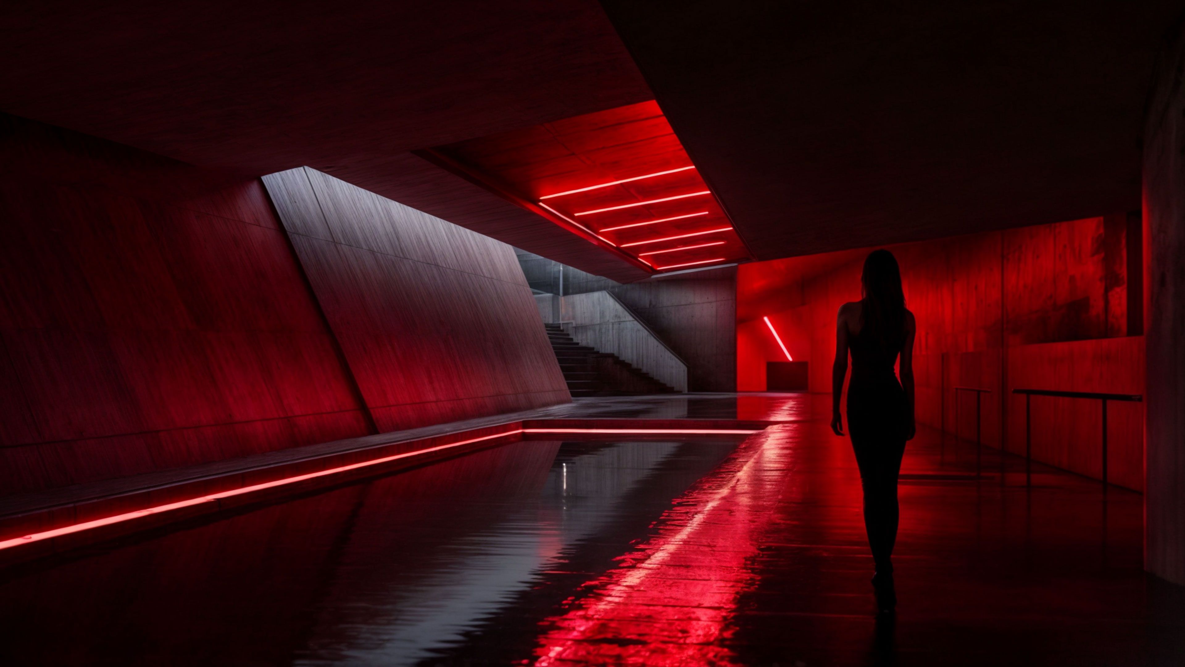 Red Neon Hallway 4K Wallpaper