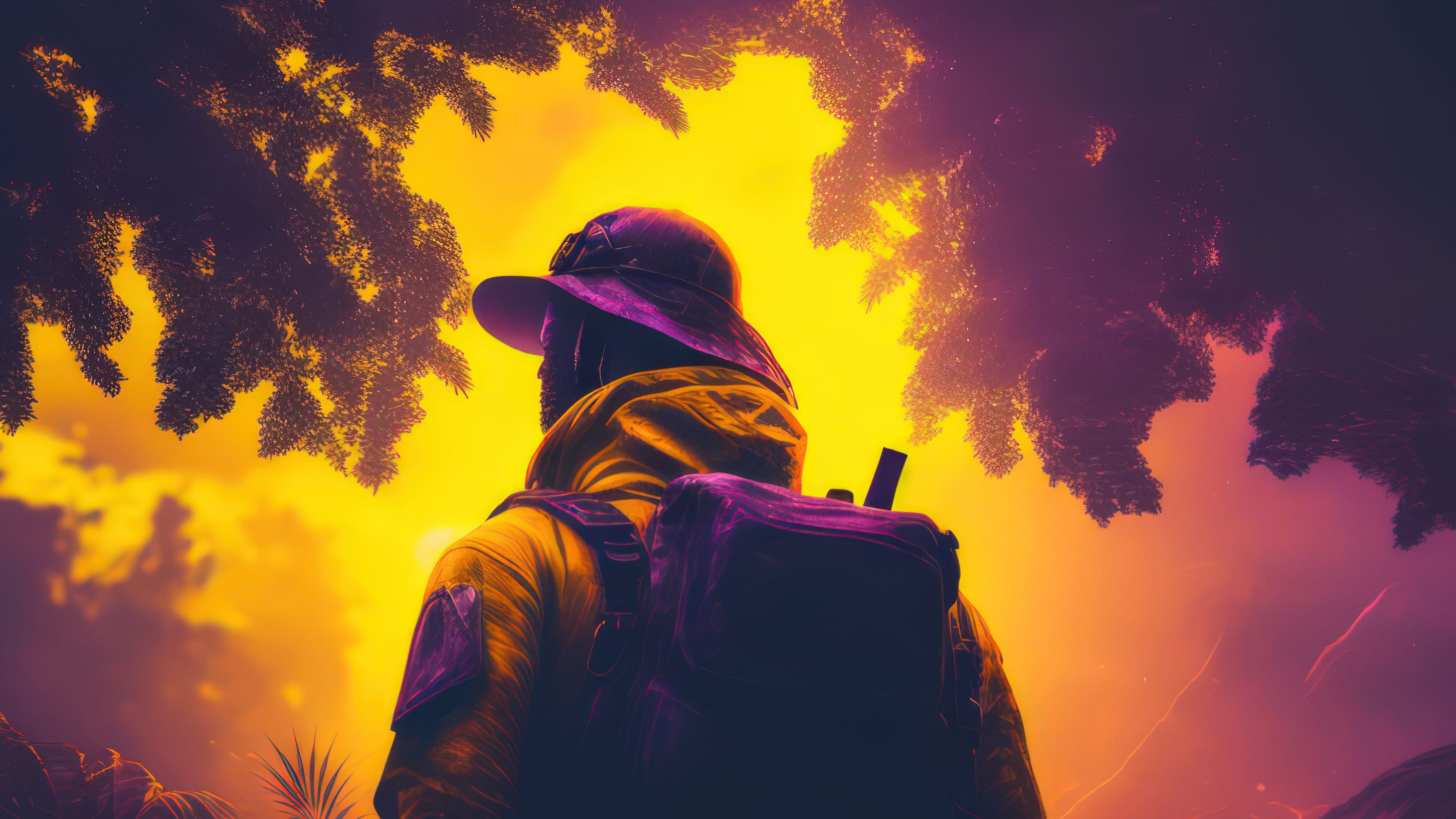 Man Walking into a Tropical Mysterious Jungle 4K Desktop Wallpaper