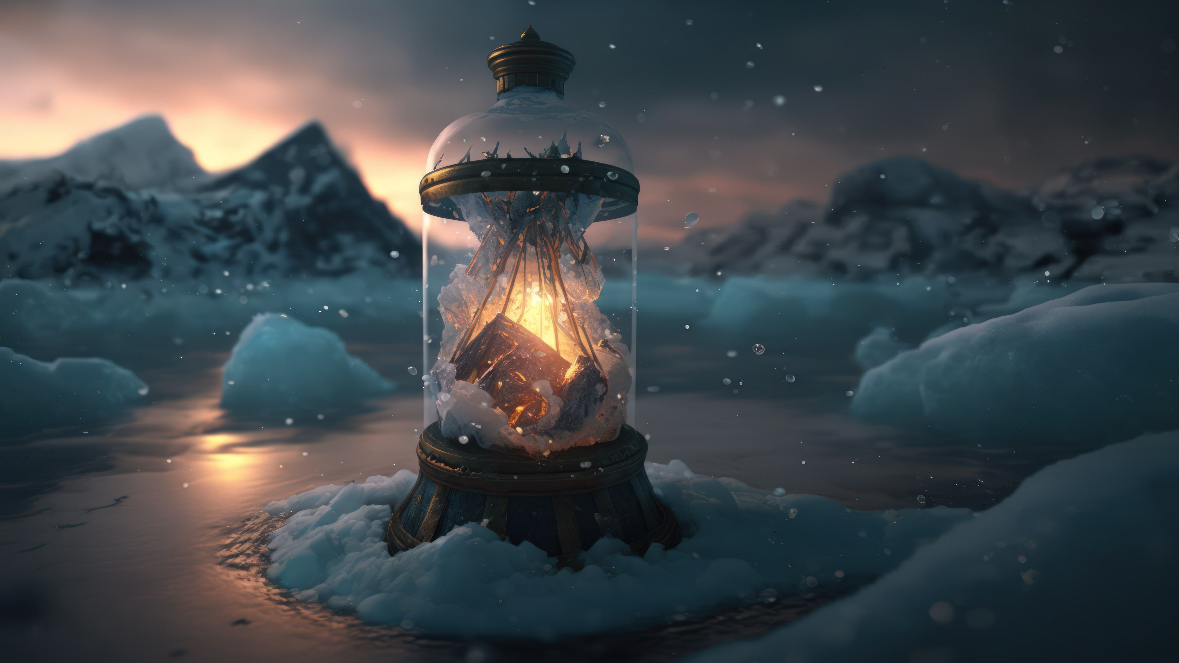 Frozen Bottle With Lightning Inside It 4K Desktop Wallpaper