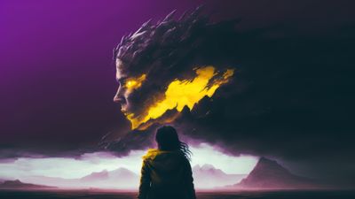 Lonely Girl Confronting Giant Monster Girl 4K Desktop Wallpaper