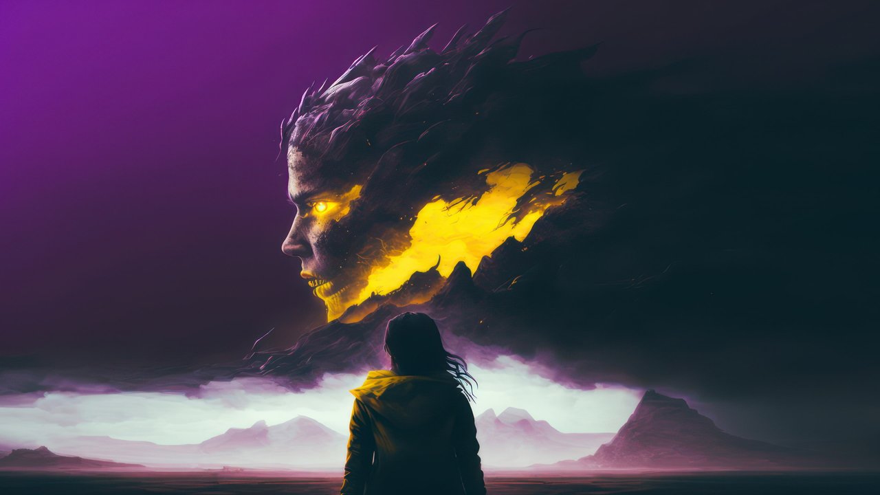 Lonely Girl Confronting Giant Monster Girl 4K Desktop Wallpaper