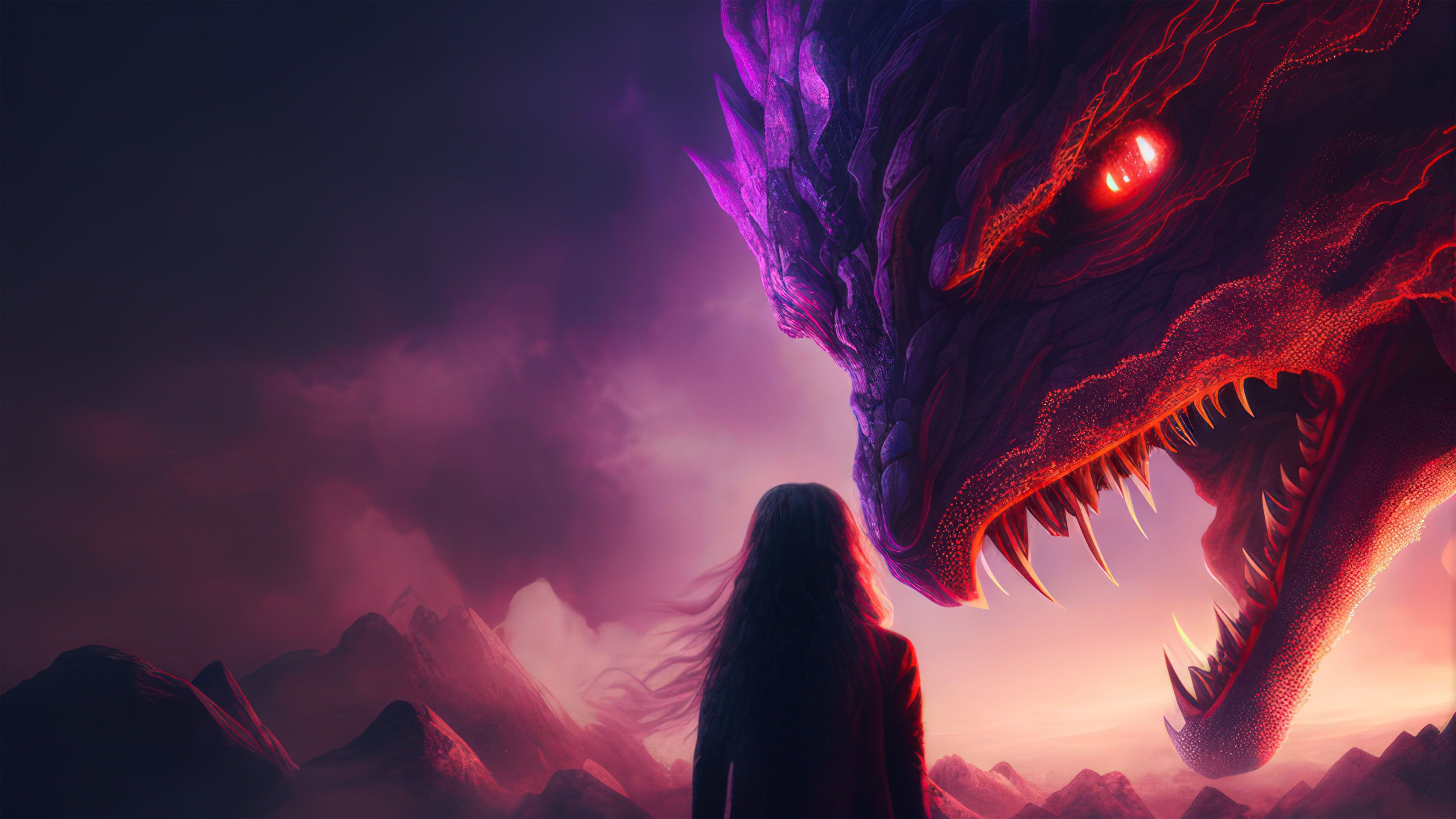 Girl facing a giant scary dragon, 4K Desktop Wallpaper