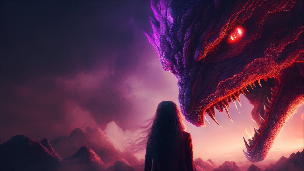 Girl facing a giant scary dragon, 4K Desktop Wallpaper
