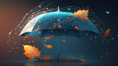 Blue Umbrella In Rainy Forest Scenery 4K Desktop Wallpaper