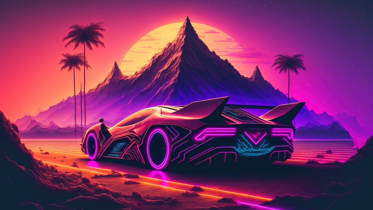Futuristic Sports Car Sunset Scenery Digital Art 4K Wallpaper