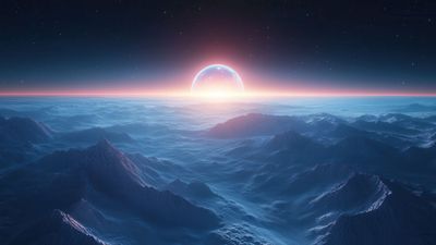 Alien Planet Sunrise Over Icy Mountains 4K Wallpaper