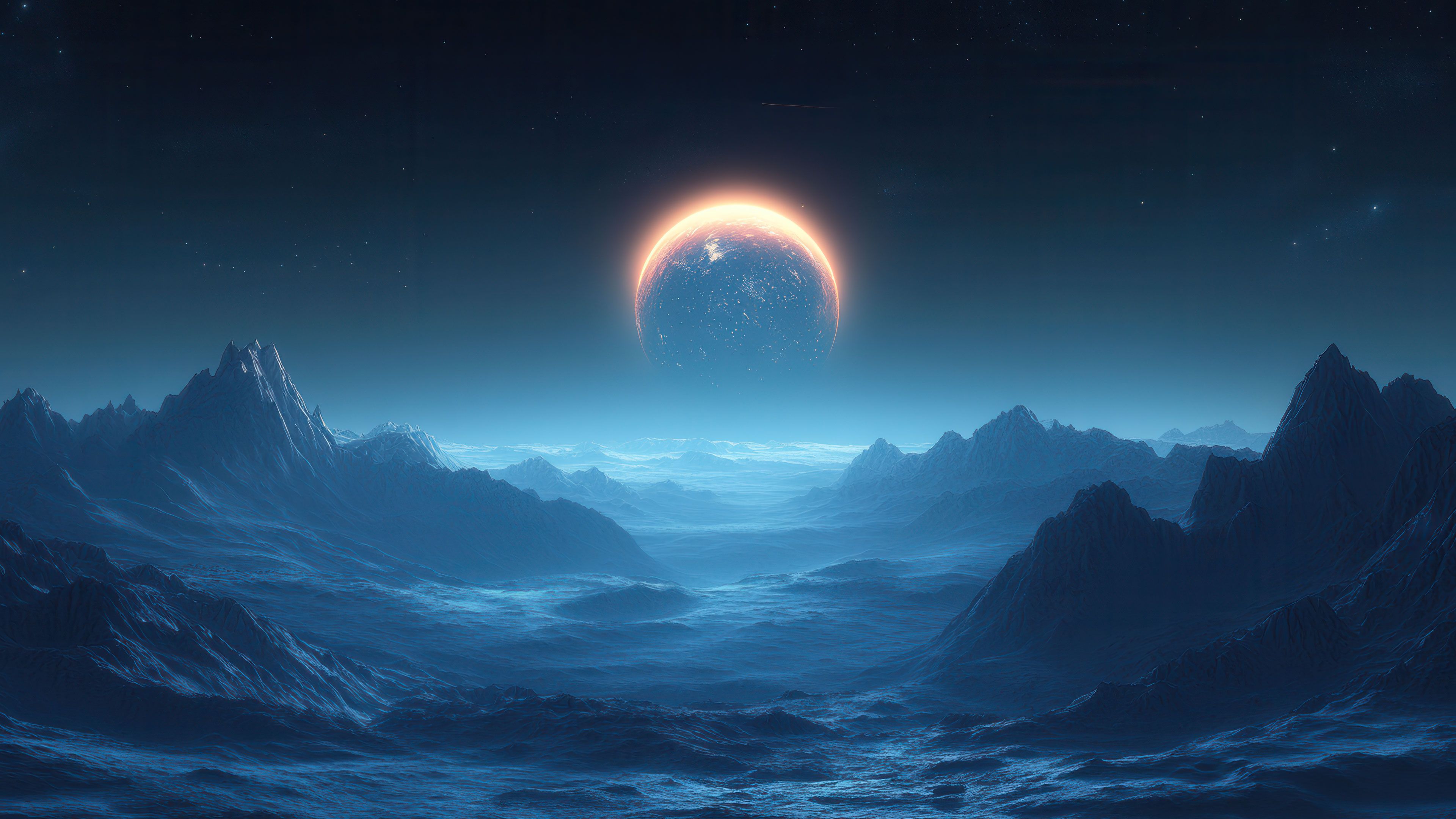 Alien Planet Illuminating Frozen Terrain 4K Wallpaper