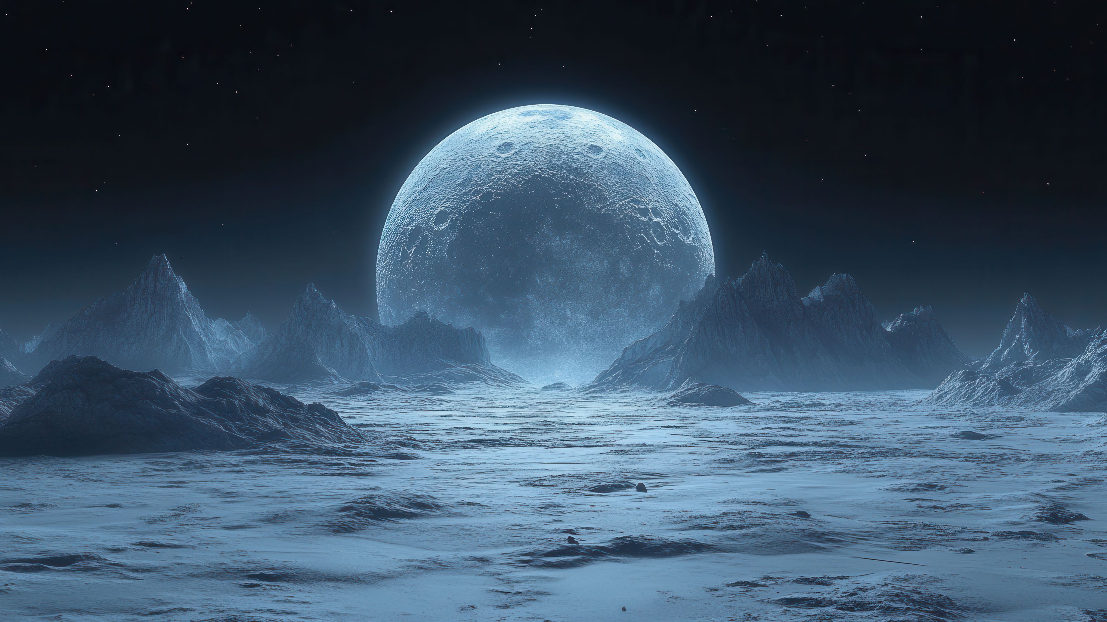 Frozen Alien Terrain Under Enormous Moon 4K Wallpaper