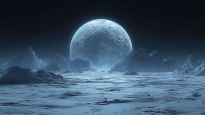 Frozen Alien Terrain Under Enormous Moon 4K Wallpaper