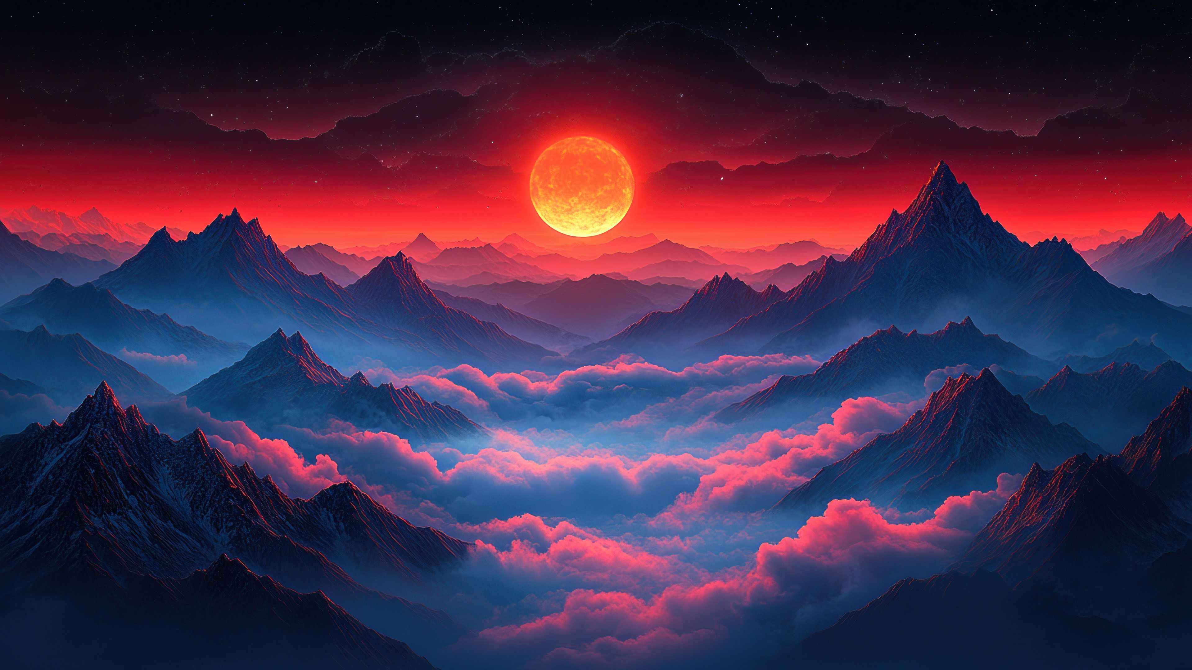 Epic Red Moon Over Mountain Clouds