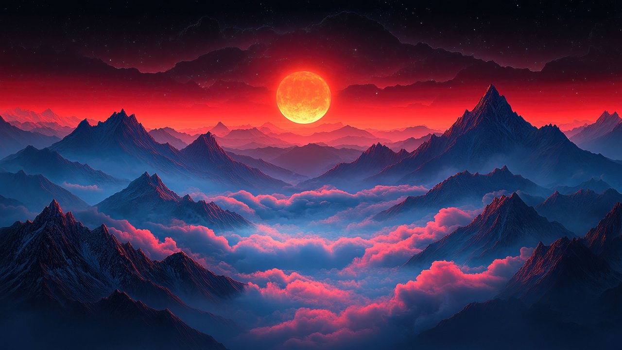 Epic Red Moon Over Mountain Clouds
