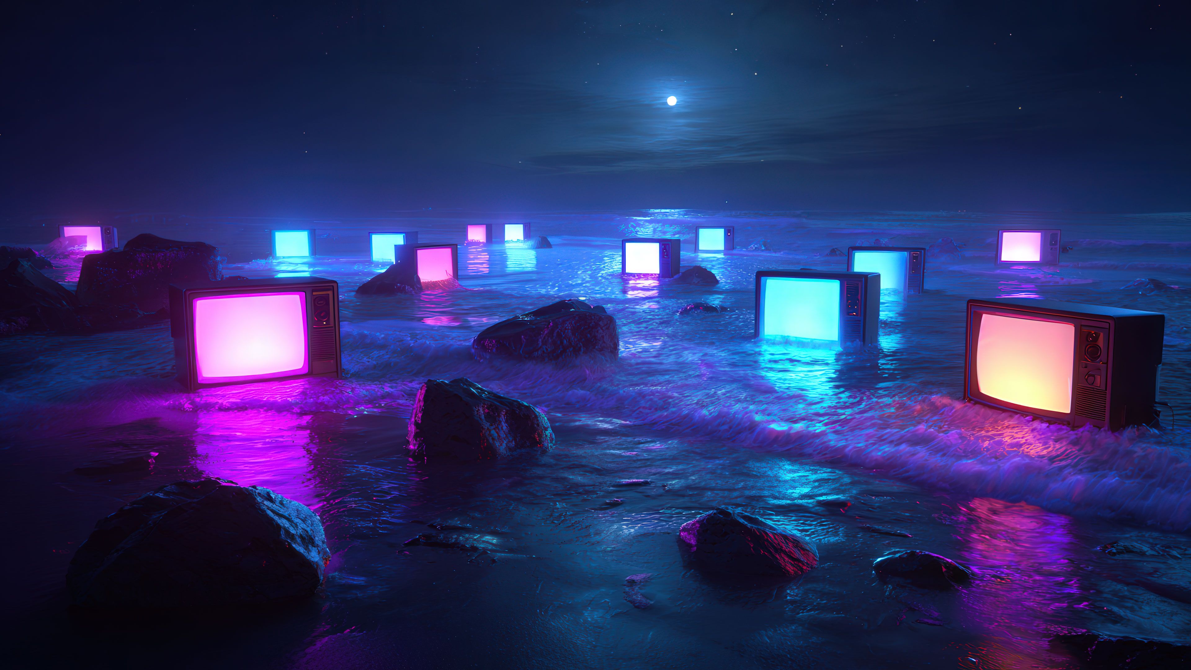 Neon Screens by the Sea