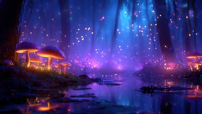 Mystical forest floor lit by fairy lights