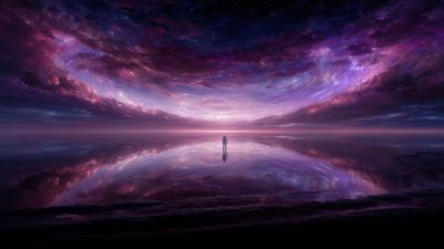 Lone Figure Under Purple Cosmic Sky Reflection