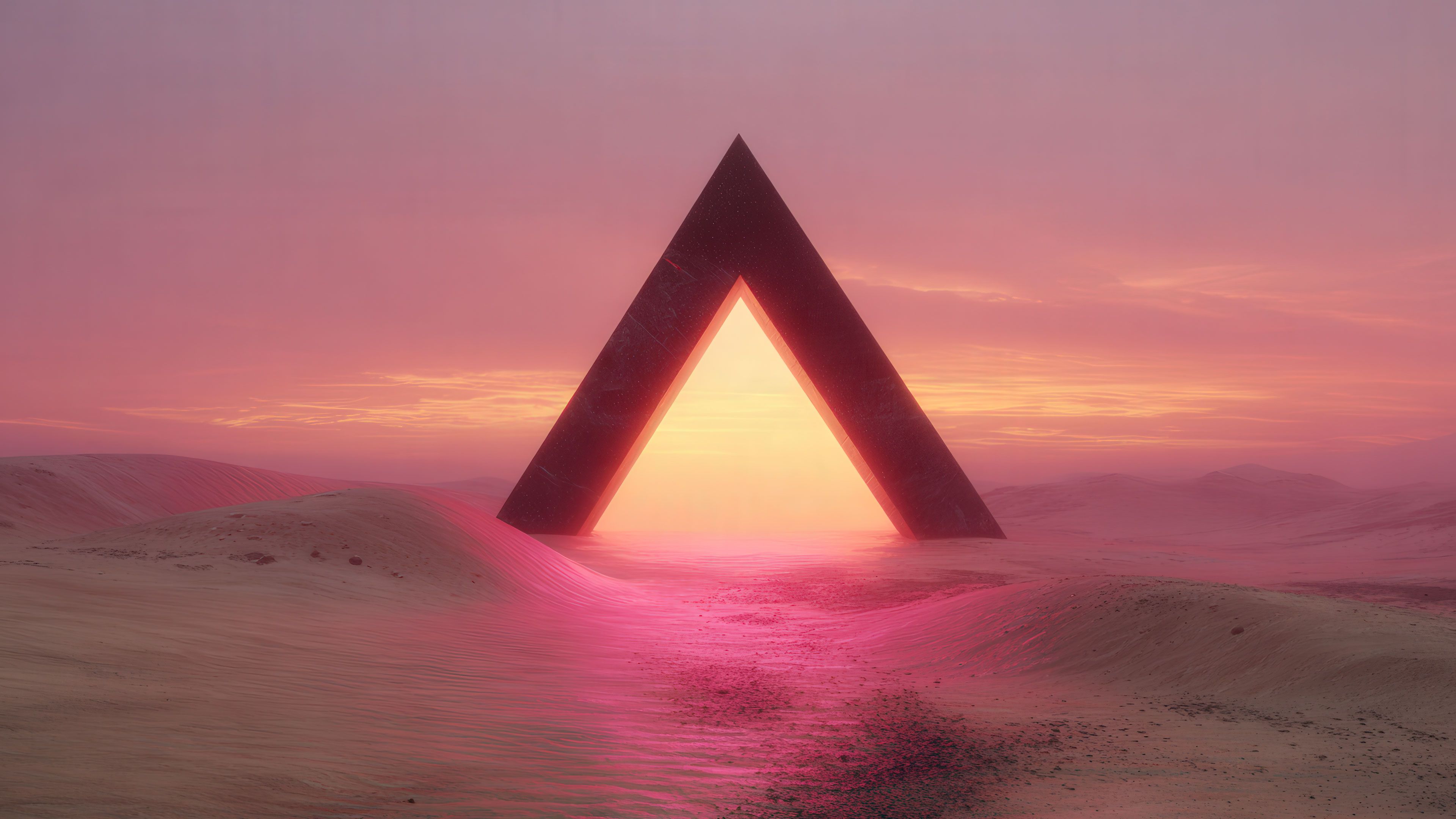 Giant triangle portal in pink sky desert