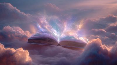 Glowing Book Among Dreamy Pink Clouds