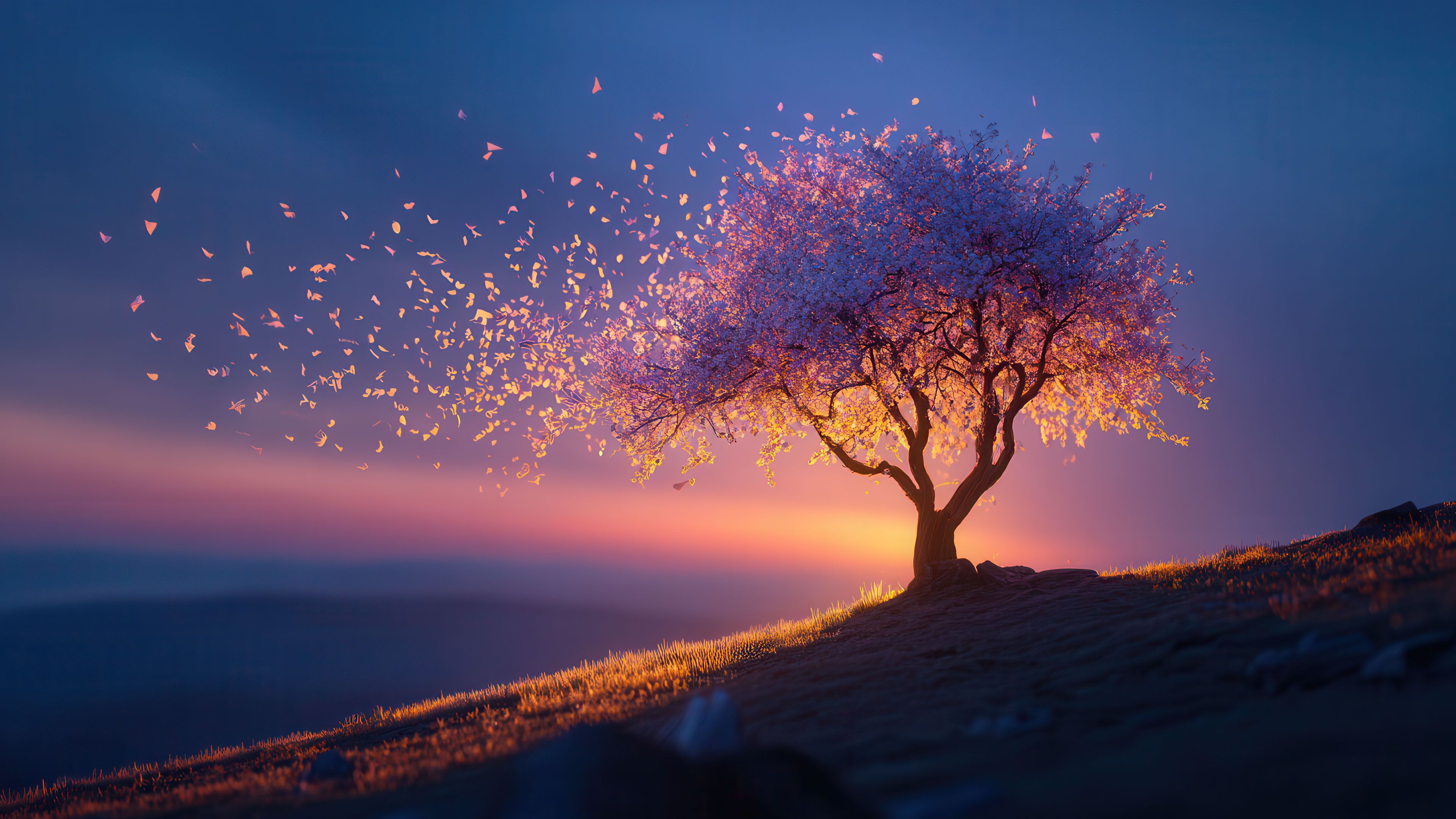 Blooming tree petals blowing in sunset wind