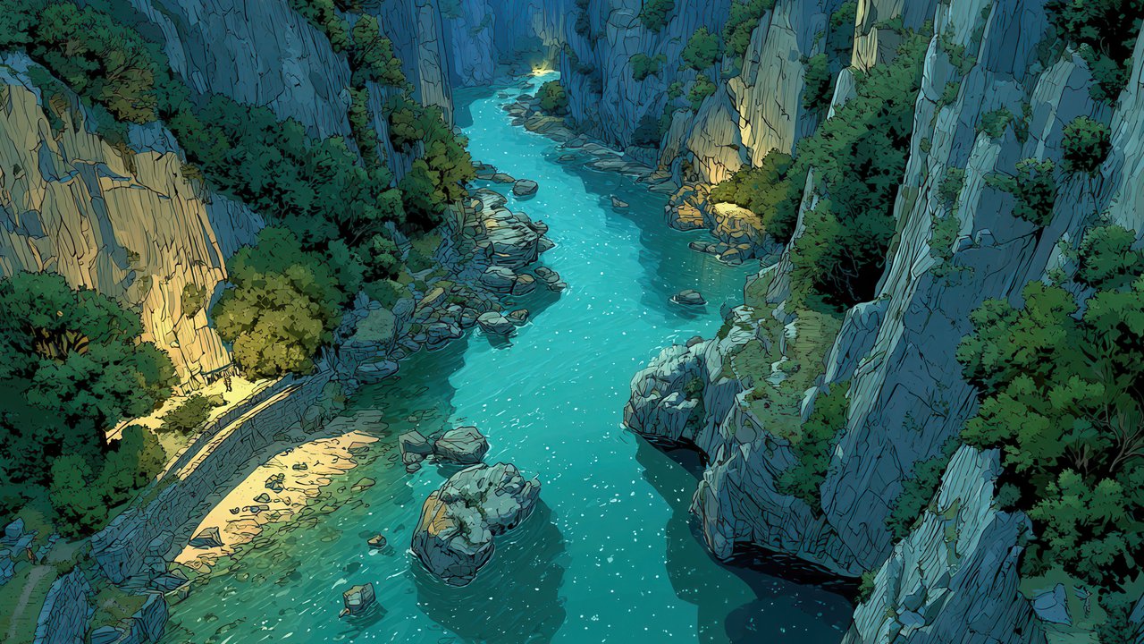 Serene Blue River Gorge Illustration With Sunlight