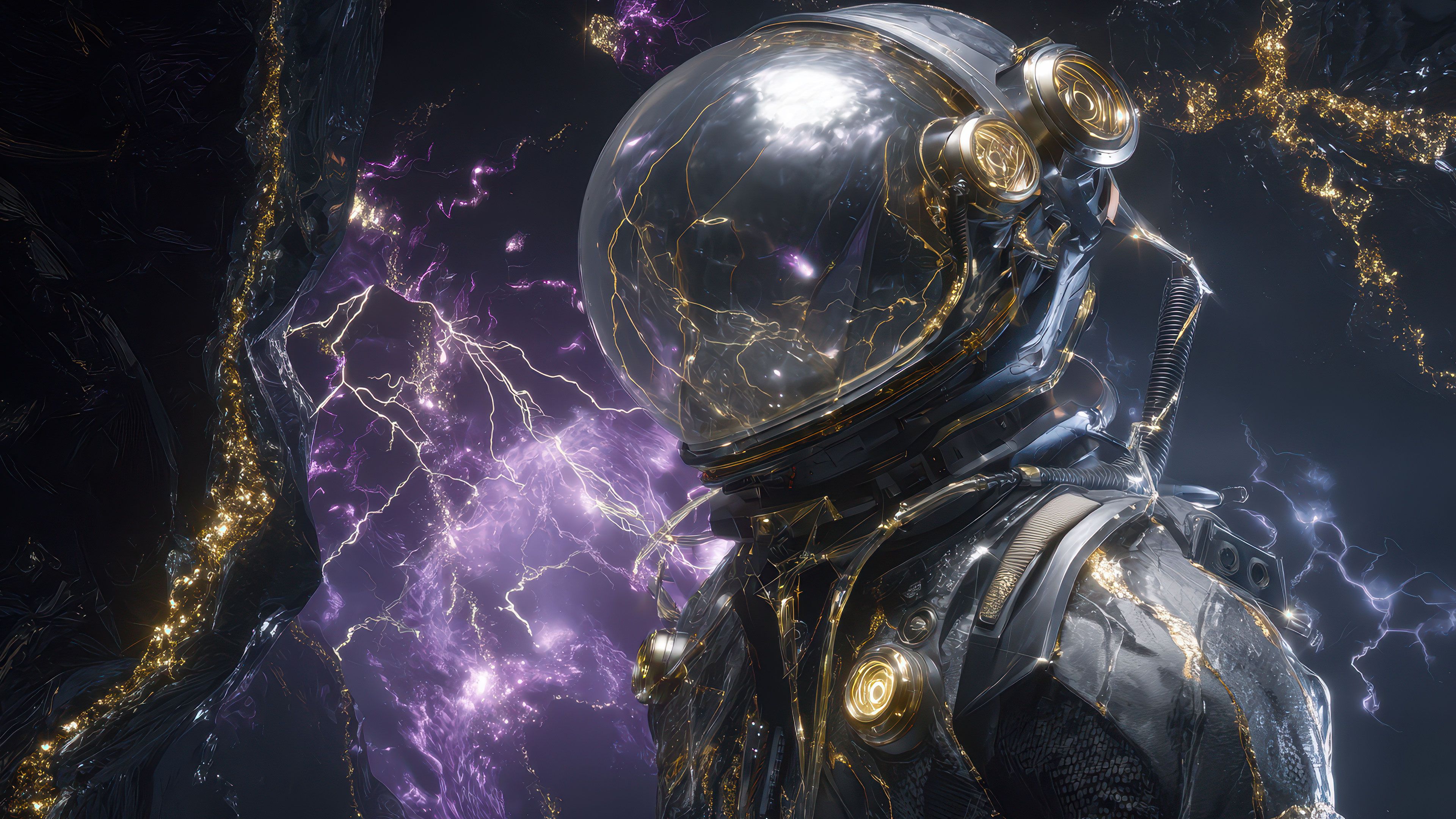 Futuristic Astronaut With Gold Lines Amidst Purple Lightning AI Wallpaper