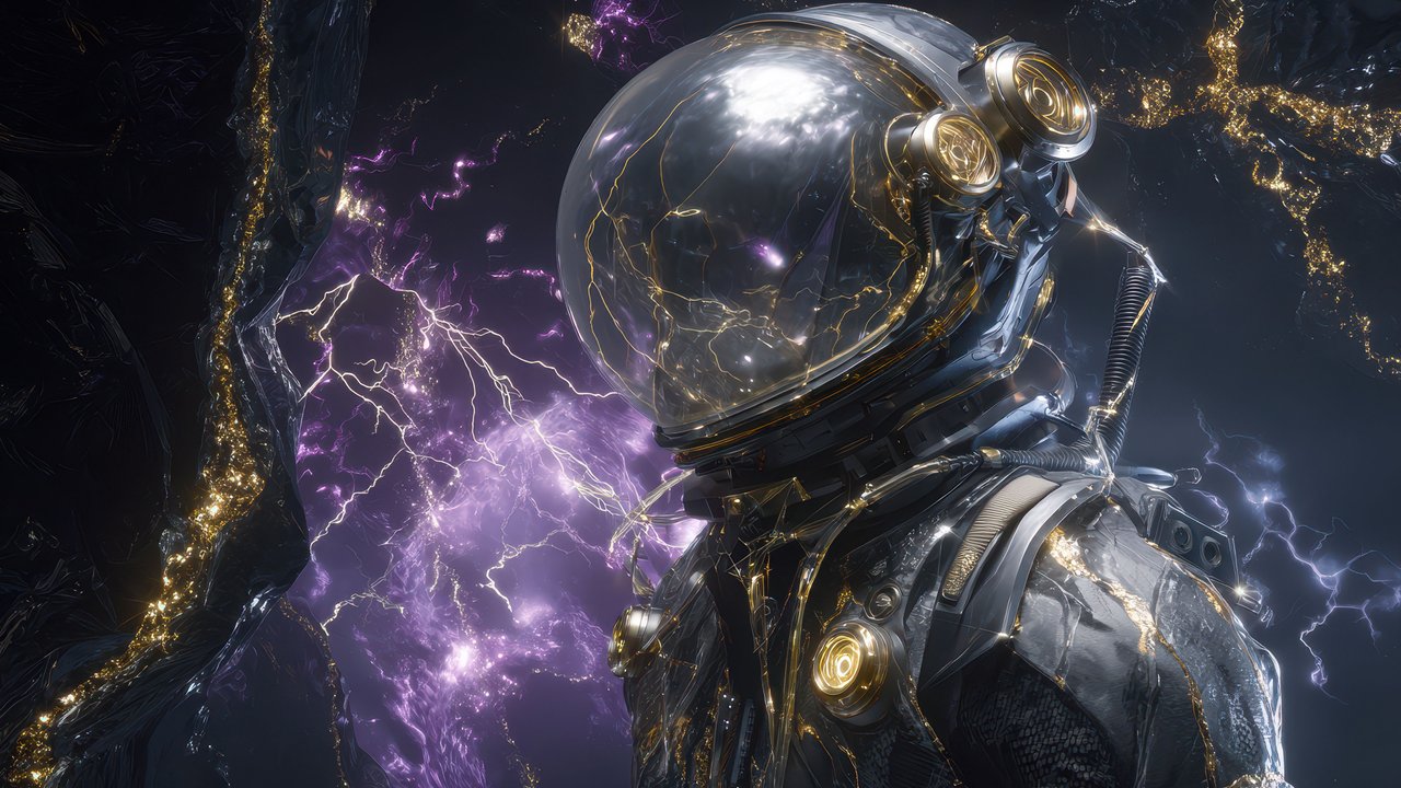 Futuristic Astronaut With Gold Lines Amidst Purple Lightning AI Wallpaper