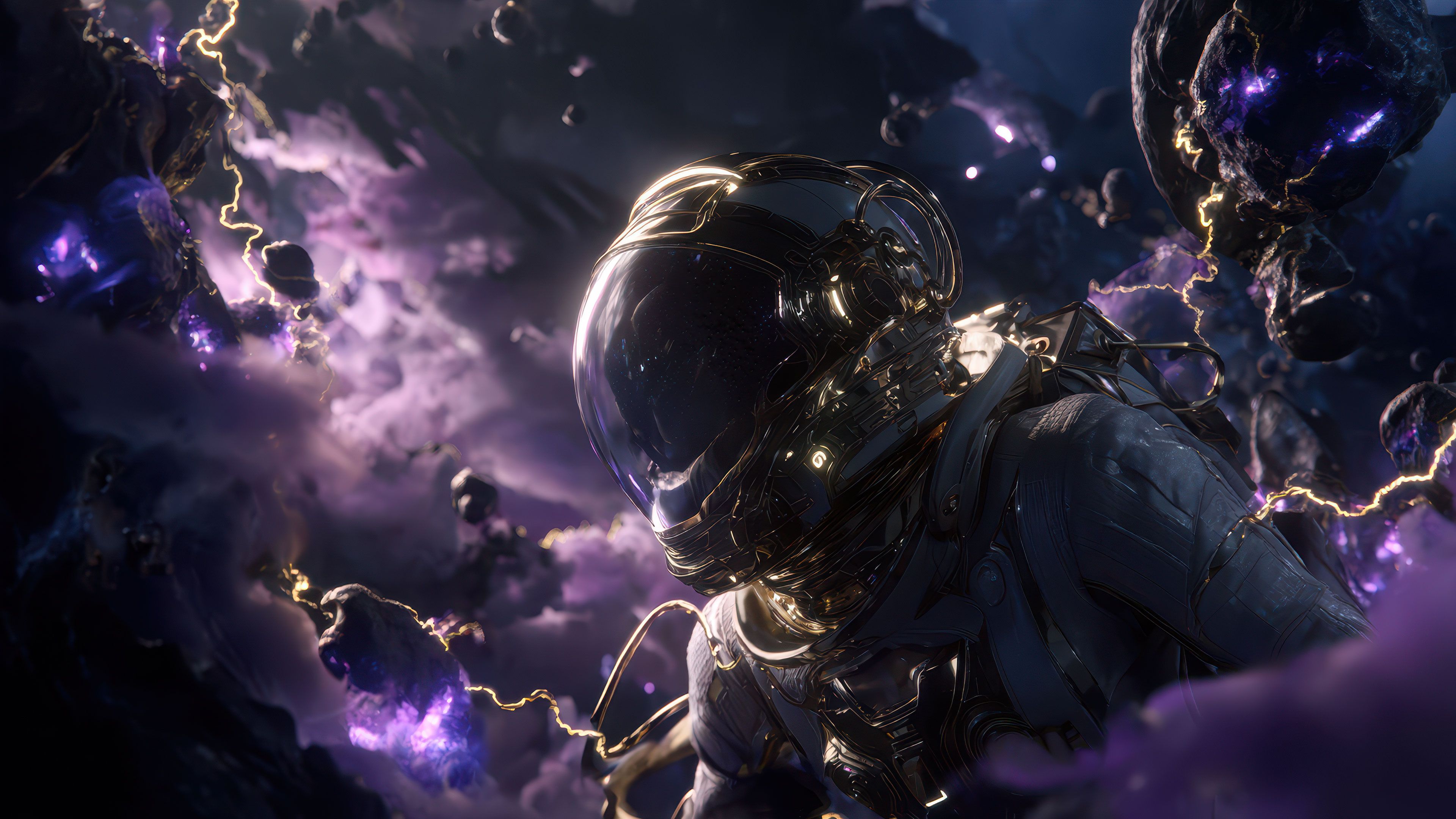 Golden Armored Astronaut Exploring Cosmic Storm AI Wallpaper
