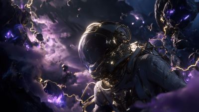 Golden Armored Astronaut Exploring Cosmic Storm AI Wallpaper