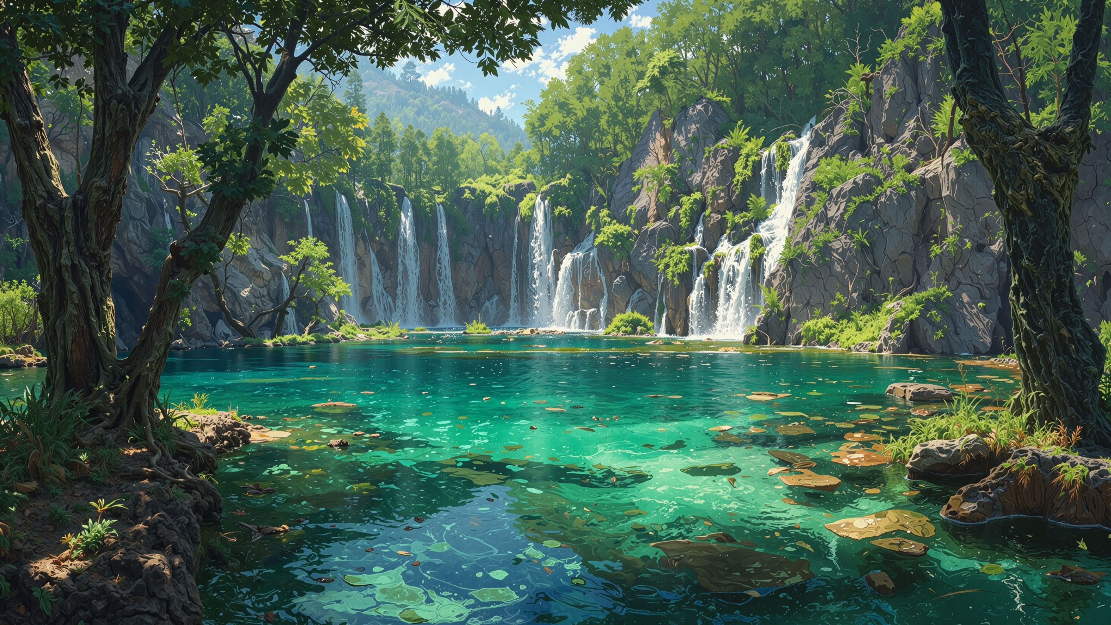 Forest Waterfalls Turquoise Lake Landscape Wallpaper