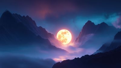 Full Moon Over Mountain Valley Water Fog Wallpaper