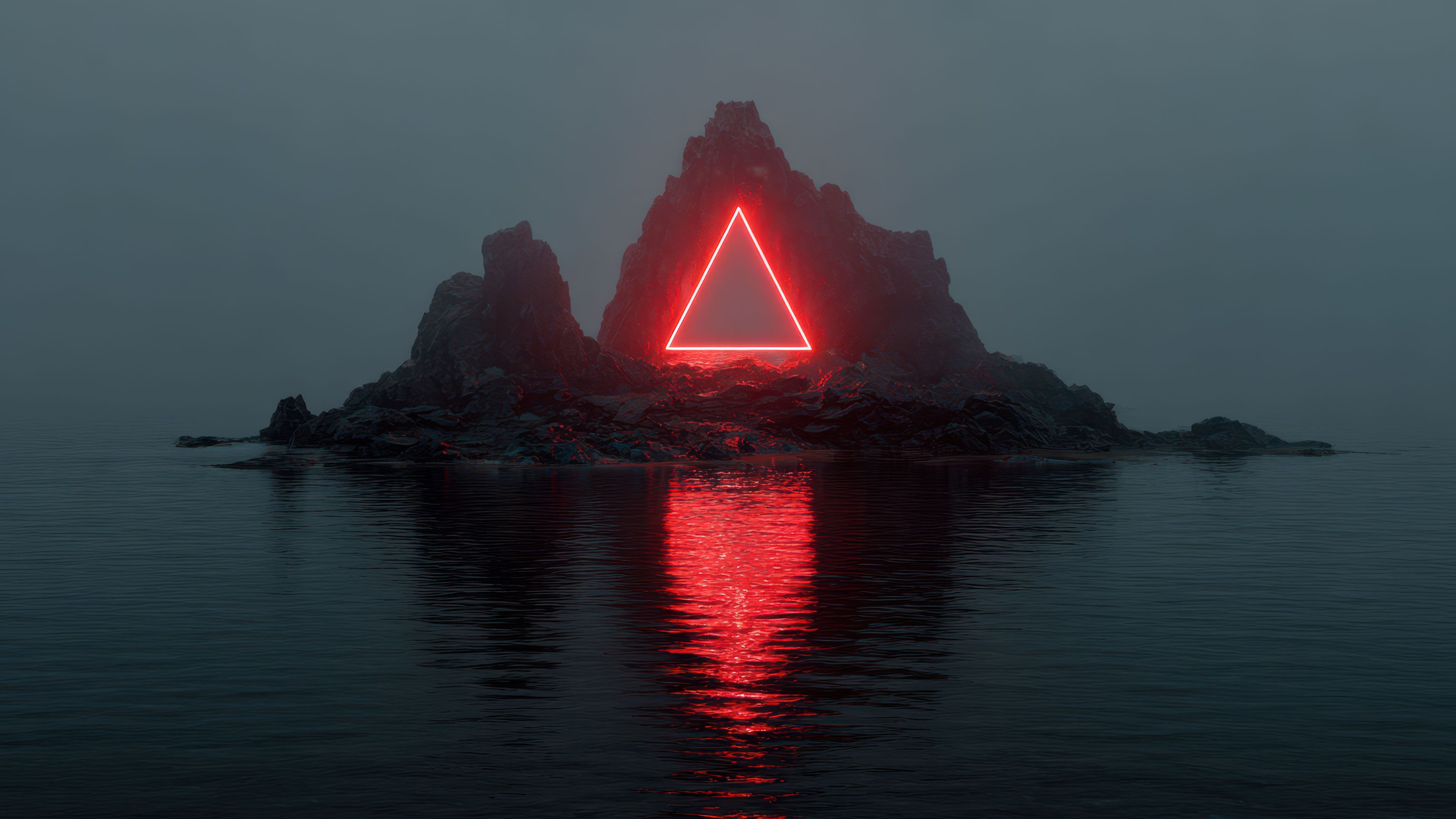 Red Neon Triangle On Dark Rocky Island Water Reflection Wallpaper