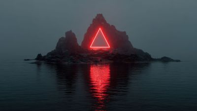 Red Neon Triangle On Dark Rocky Island Water Reflection Wallpaper