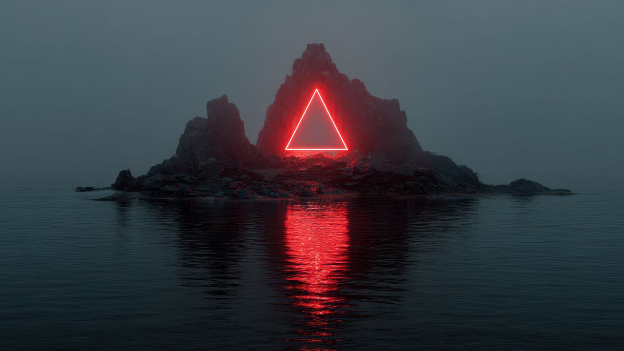 Red Neon Triangle On Dark Rocky Island Water Reflection Wallpaper
