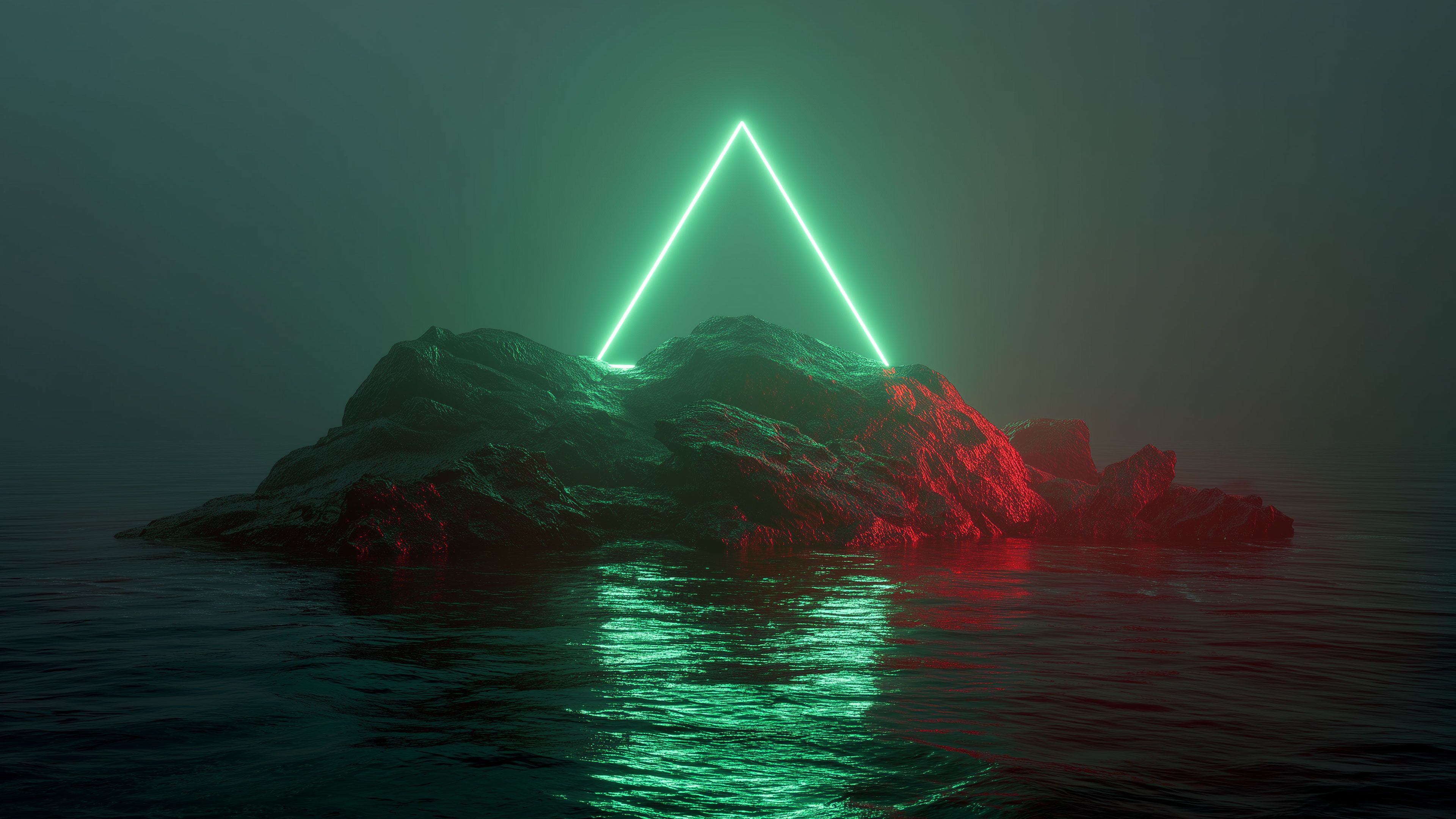 Neon Green Triangle Glowing Island Dark Water Wallpaper