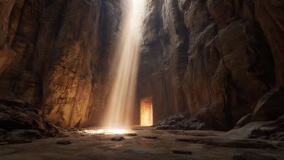 Dramatic light shaft in rocky canyon