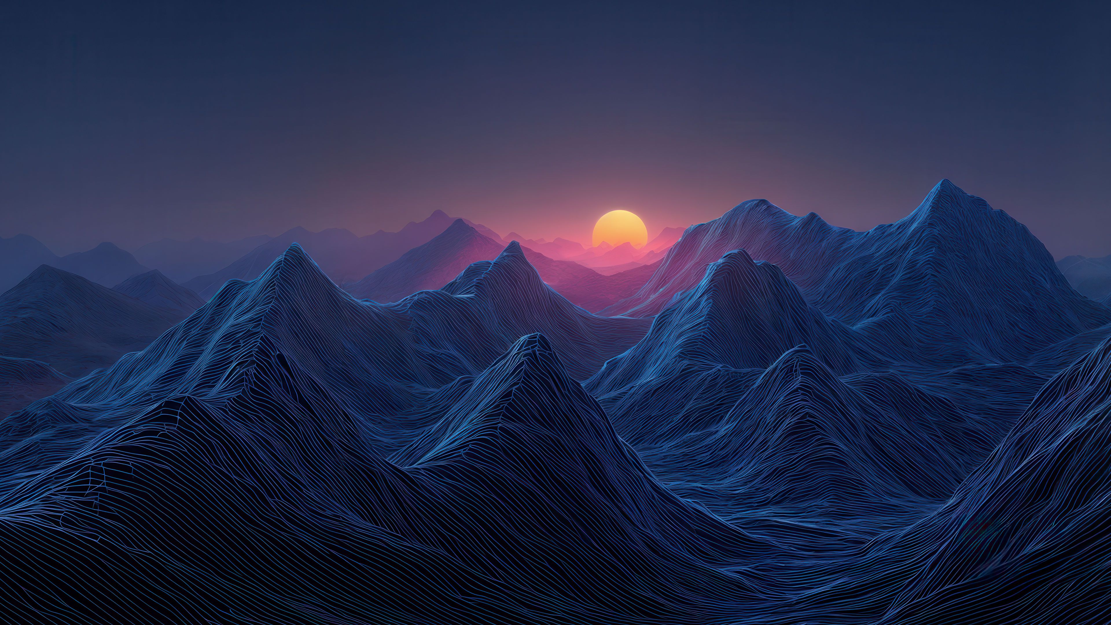 Digital wireframe landscape vibrant sunset