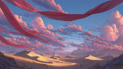 Surreal desert landscape with flowing red cloth and clouds
