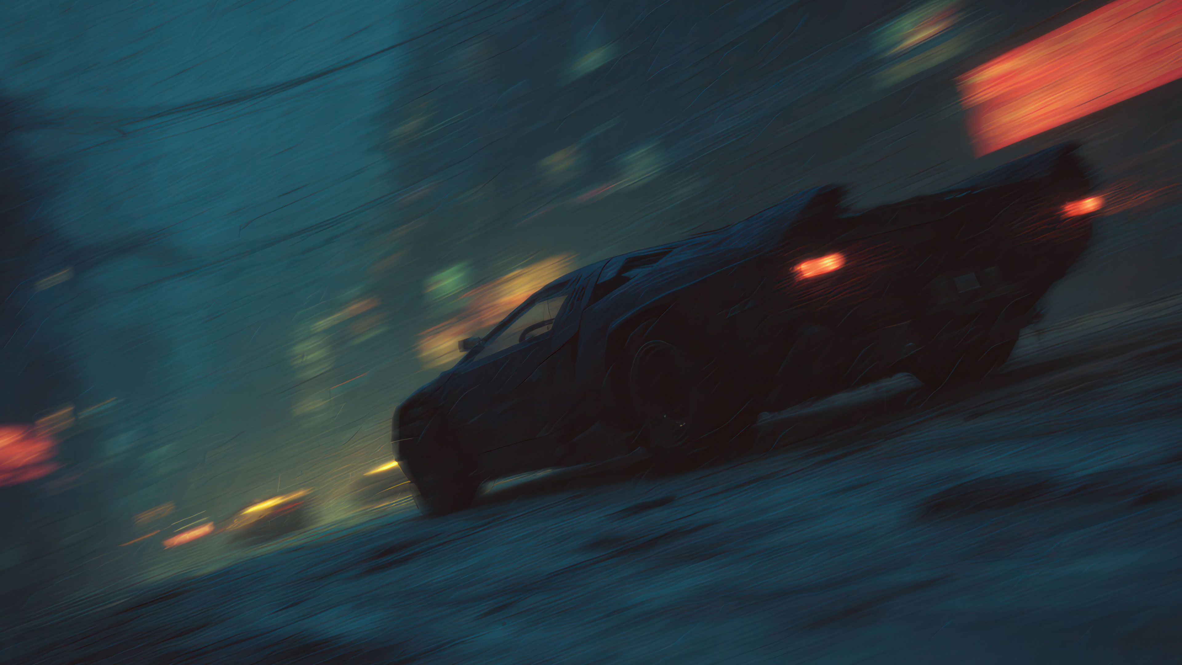 Mysterious dark car speeds through dystopian city