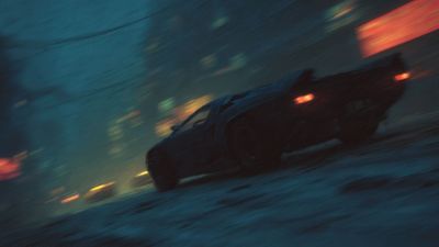 Mysterious dark car speeds through dystopian city
