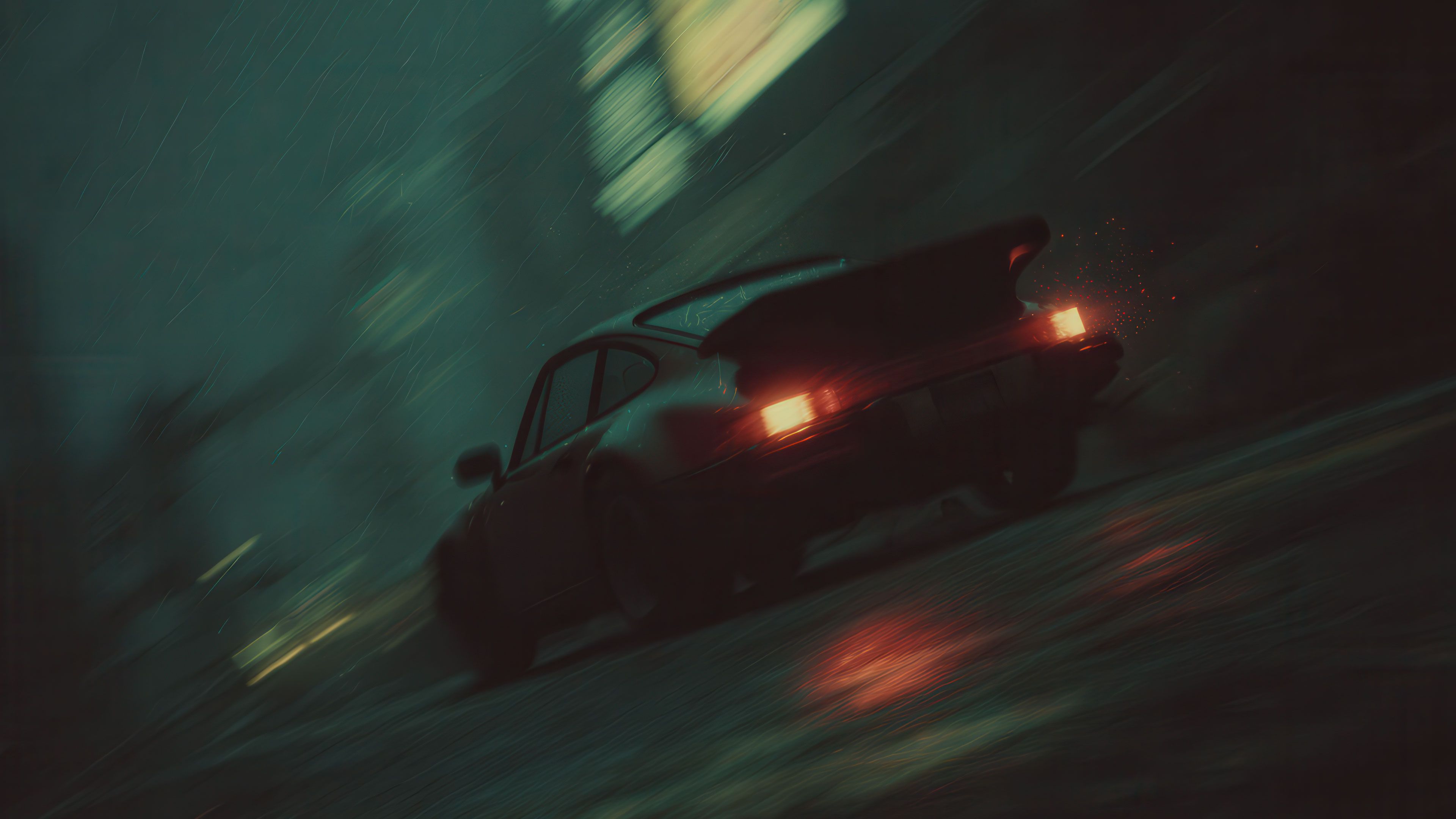 Moody vintage sports car night drive