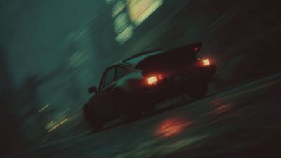 Moody vintage sports car night drive
