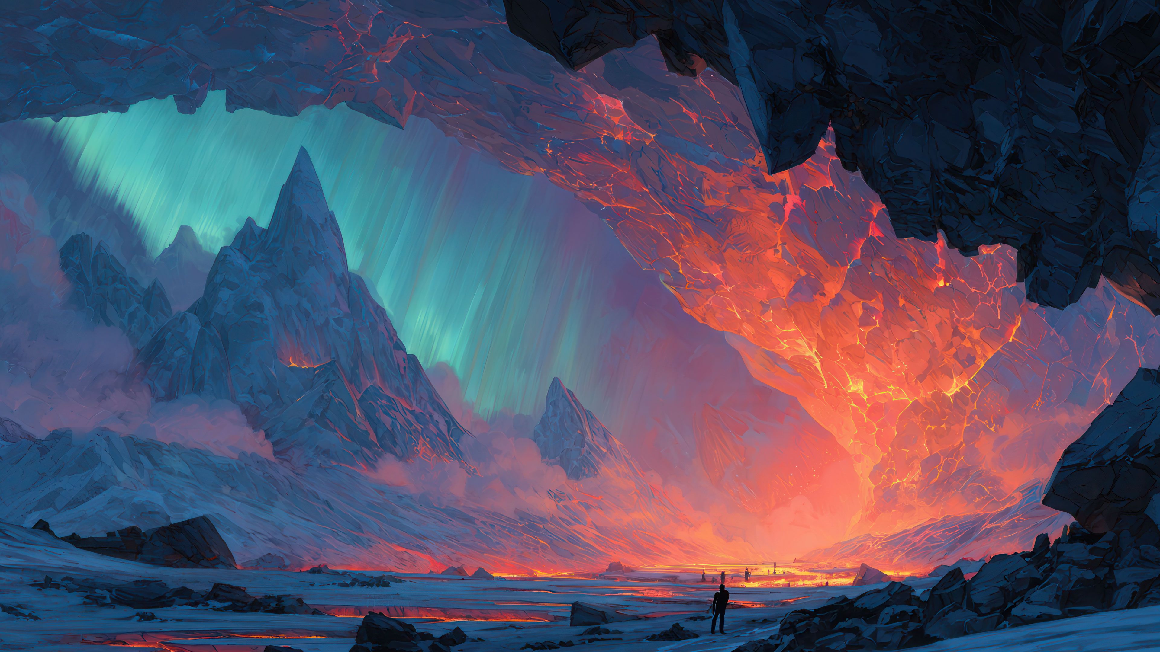 Arctic Cave Overlooking Fiery Aurora Landscape