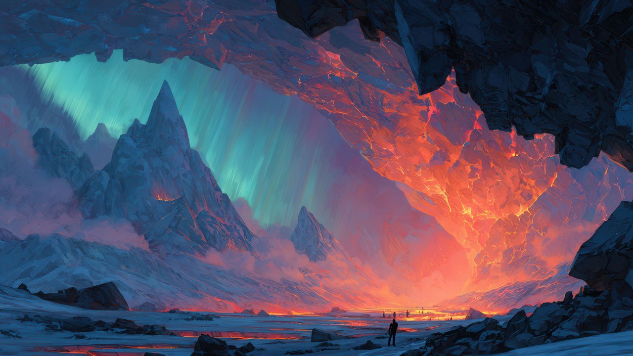 Arctic Cave Overlooking Fiery Aurora Landscape