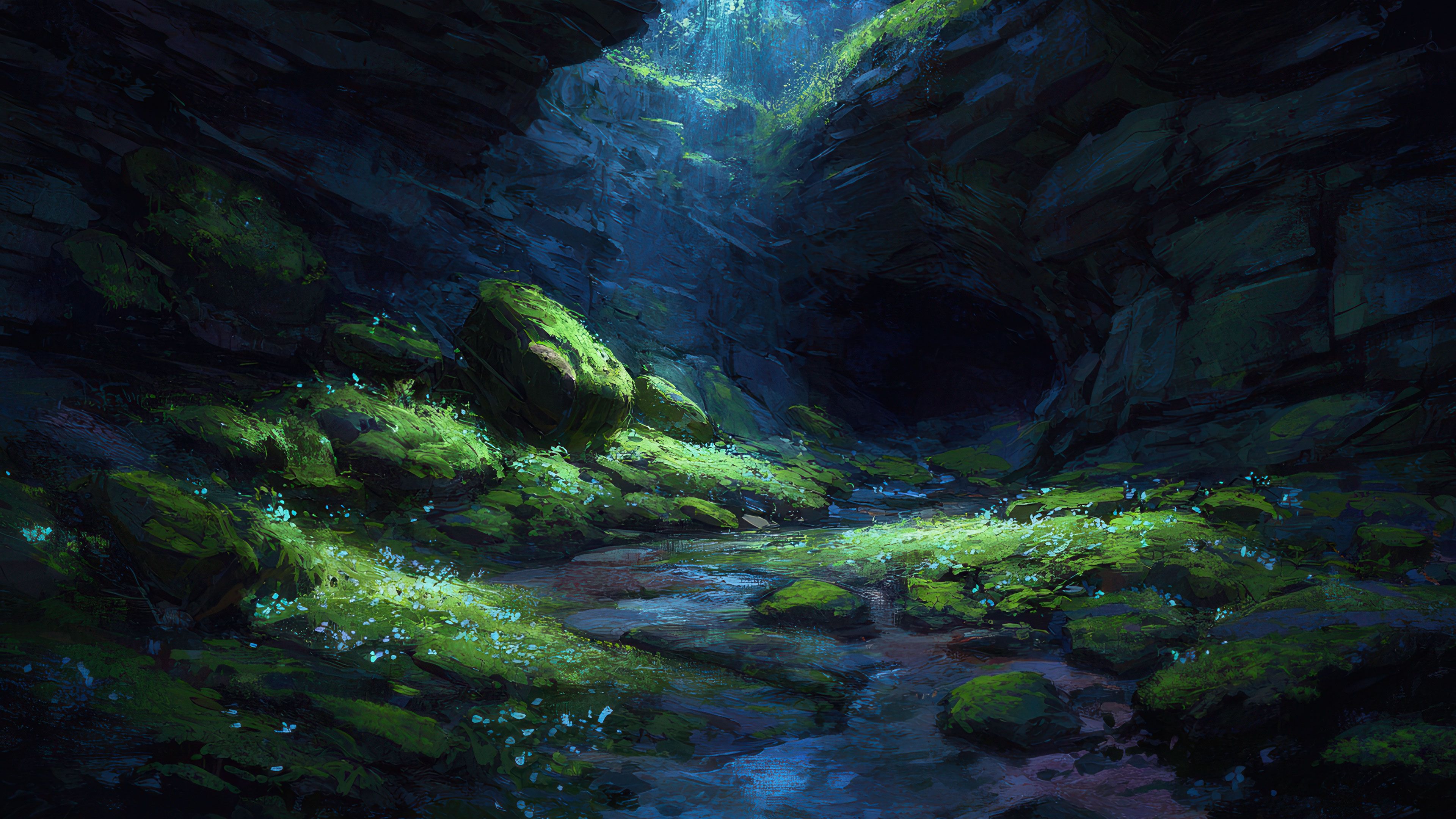 Ethereal forest grotto with glowing plants