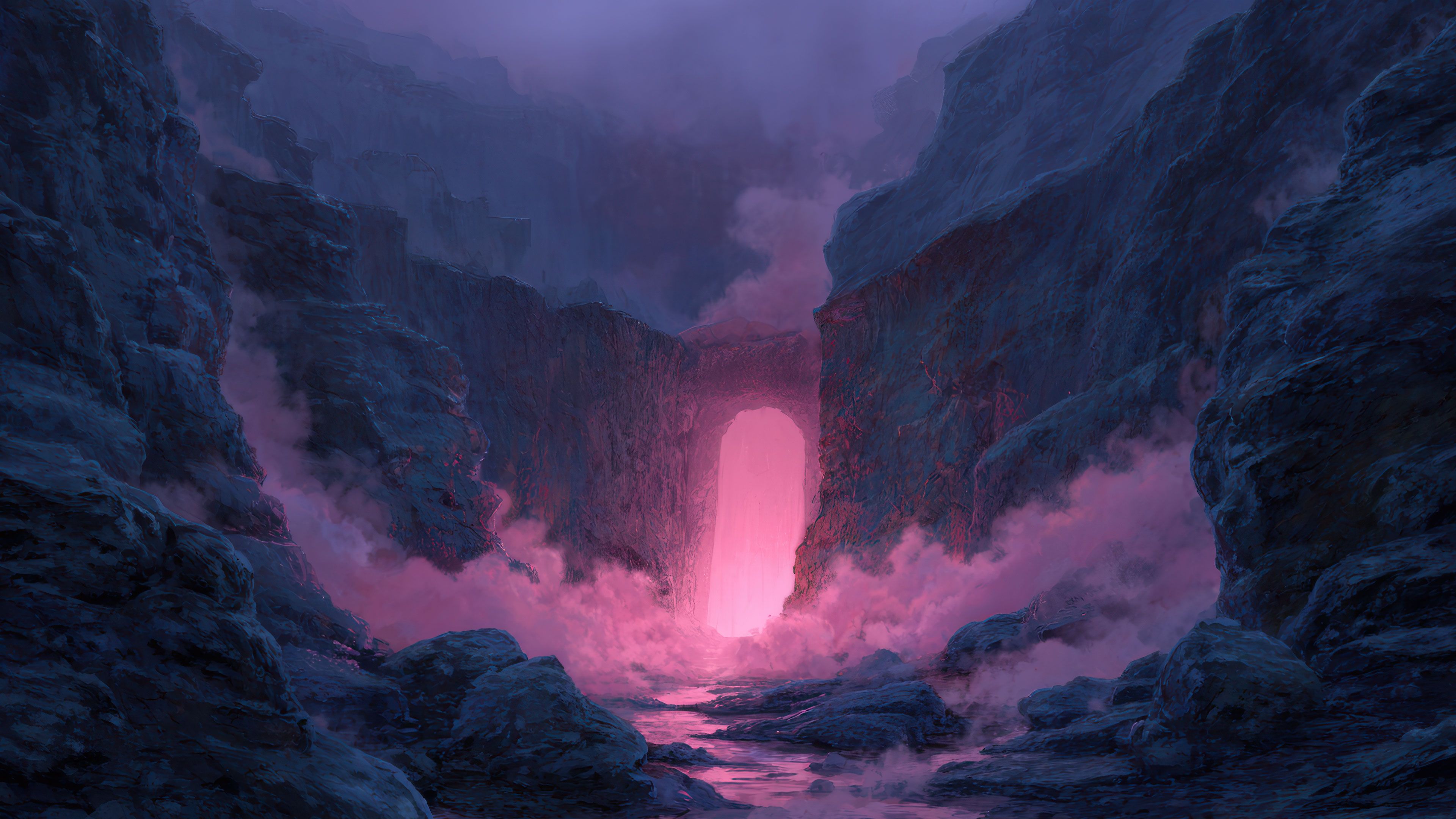 Mystical pink portal in a dark rocky gorge