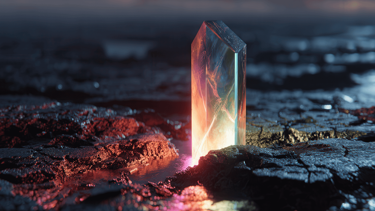 Luminous crystal stone in dark terrain