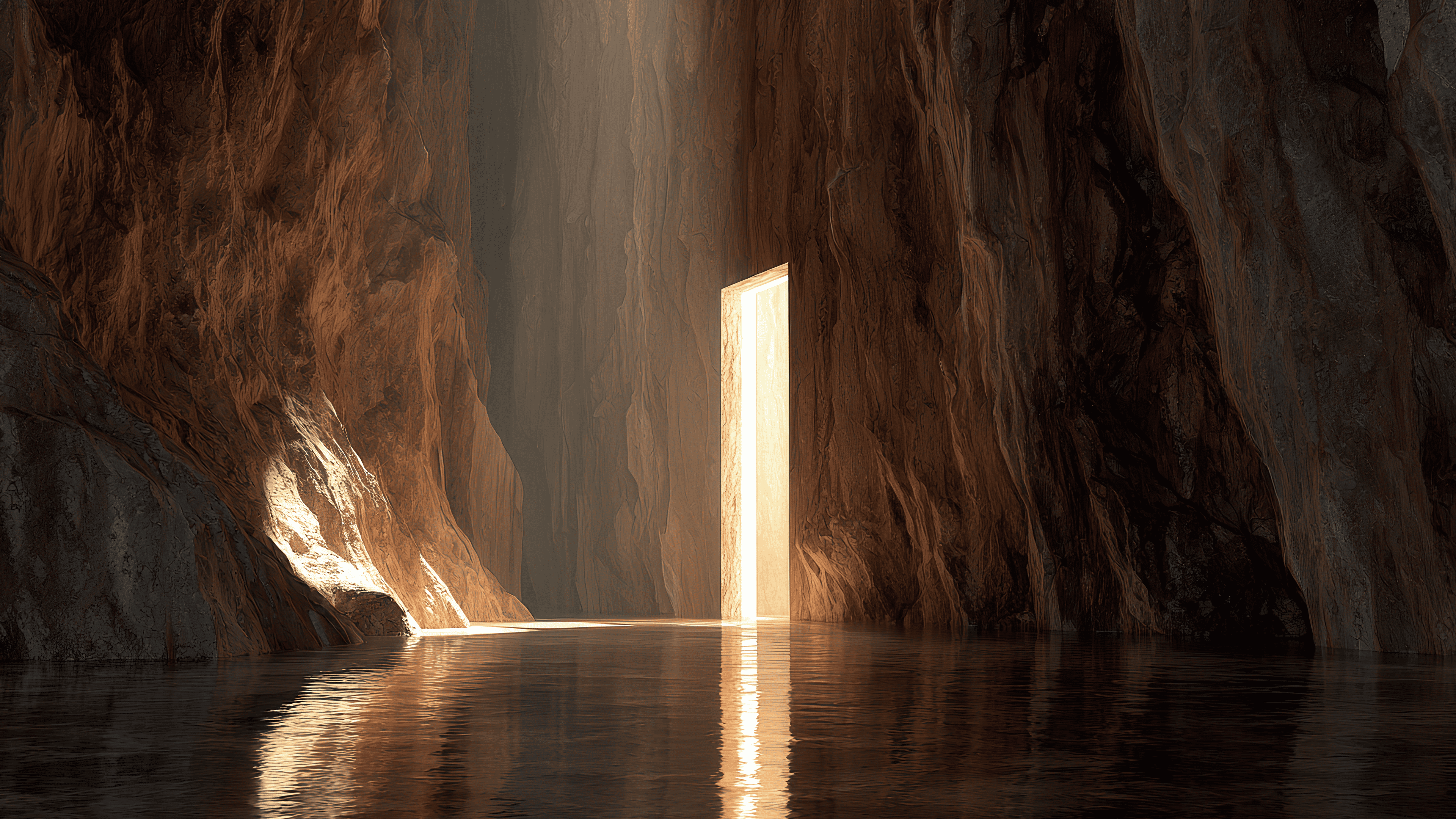 Light doorway reflected in cave water