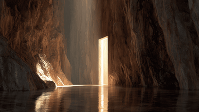 Light doorway reflected in cave water