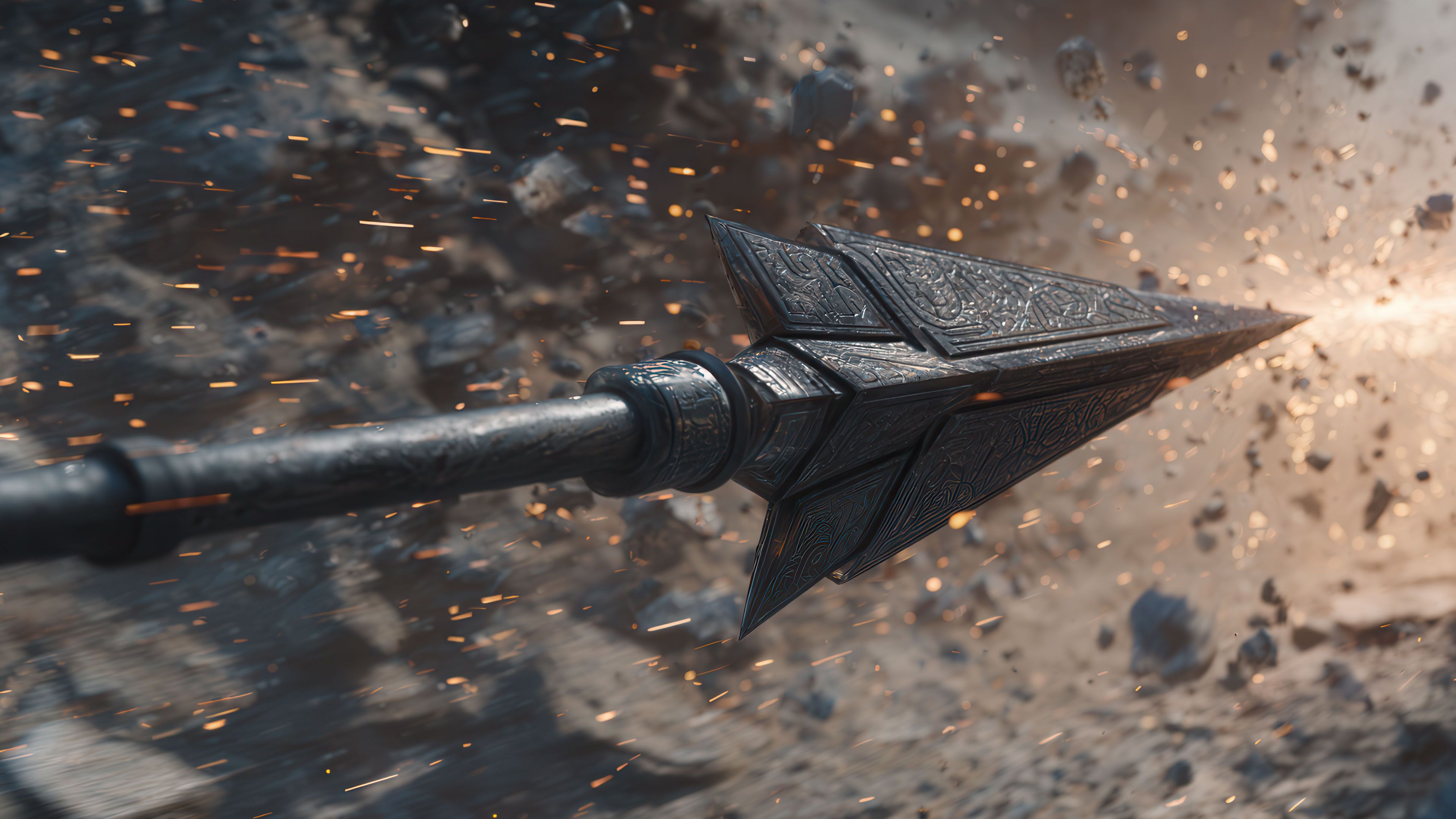 Ornate fantasy arrow flying through dust and sparks