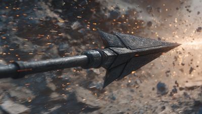 Ornate fantasy arrow flying through dust and sparks